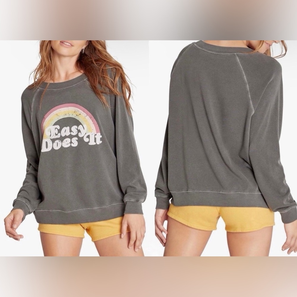 WILDFOX Easy Does It Sweatshirt Charcoal Gray Rainbow Crewneck Pullover Pink